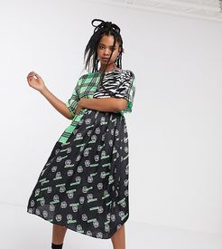 midi smock dress in mixed print-Multi