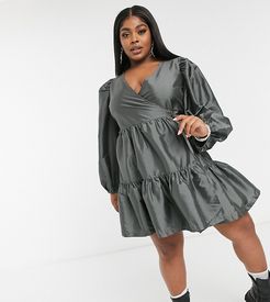 Plus exclusive taffeta wrap mini dress in gray-Green