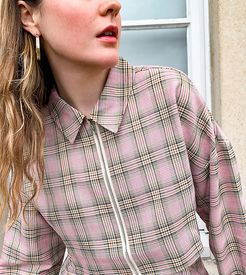 zip cropped shirt in plaid set-Multi