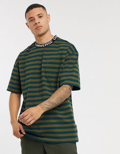 oversized fit stripe t-shirt with logo taping neckline in khaki-Green