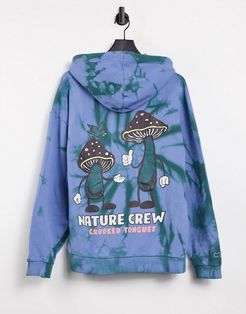 Crooked Tongue hoodie with tie dye print & nature back print-Blues