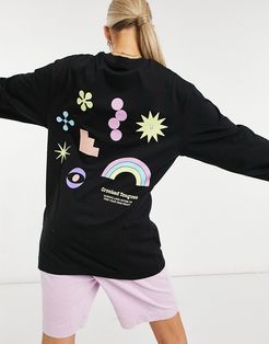 oversized long sleeve T-shirt with neon puff print design in black-Grey