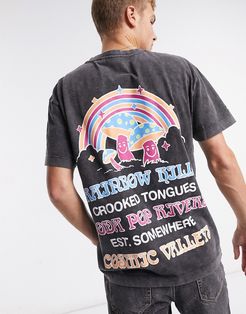 oversized t shirt in acid wash with 'rainbow hills' print-Black