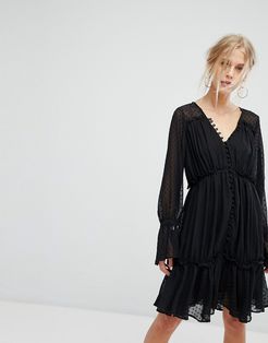 Mesh Overlay Ruffle Layer Midi Dress-Black