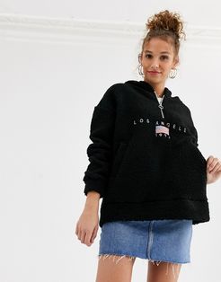 oversized half zip hoodie with los angeles embroidery in borg-Black