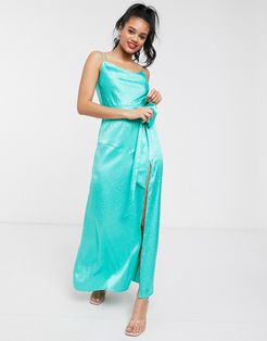 cowl satin jacquard slip dress with thigh high split in aqua-Blue