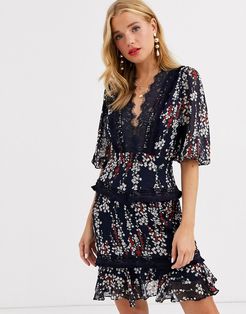 lace insert mini dress in navy floral-Multi