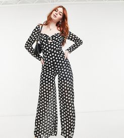long sleeve jumpsuit in black and white spot print-Multi
