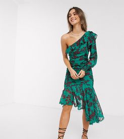 one shoulder midi dress with ruched side in teal burn out floral-Multi