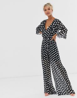 plunge front jumpsuit in black and white polka dot-Multi