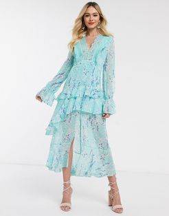 plunge front midi dress with frill detail in trailing ditsy-Multi