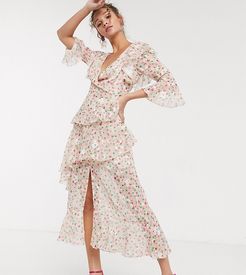 ruffle plunge maxi in blush based ditsy floral-Multi
