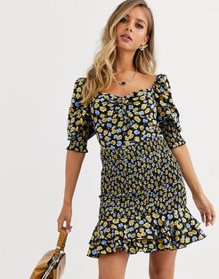 sweetheart neck mini dress with drop hem in ditsy floral-Multi