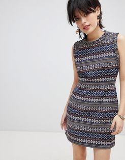 Iliana Print Dress with Embellished Neck Trim-Multi