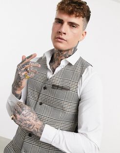 contrast plaid print double breasted skinny fit vest-Brown
