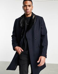 premium wool blend double breasted removable faux fur over coat-Navy