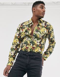 slim fit floral long sleeve shirt-Brown