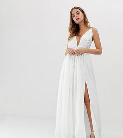 3D applique embellished plunge front maxi dress with thigh split in white