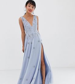 plunge front embellished maxi dress with high thigh split in ice blue