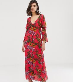 ruched front maxi dress in floral-Red