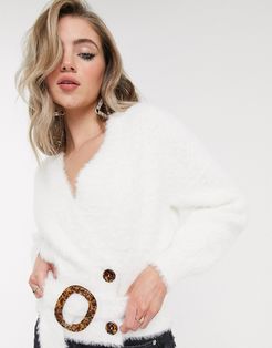 wrap front fluffy knit sweater with resin button and belt detail-White
