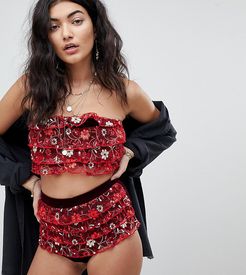 Bandeau Crop In 3D Floral Ruffle Two-Piece-Red