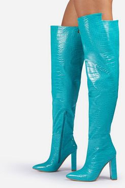 x Molly-Mae Visionary slouch over the knee boots in blue croc