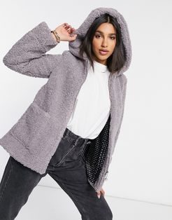 shearling hooded coat in gray-Grey