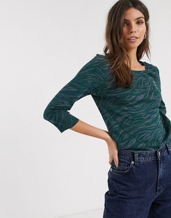 abstract zebra print top with sleeves in green-Navy