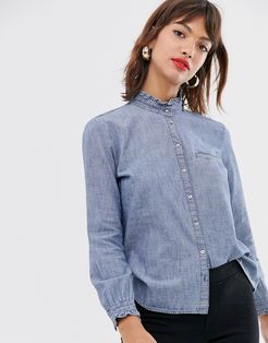 ruffle detail denim blouse in blue-Blues