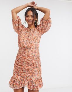 flippy hem mini dress in burnt orange floral print-Multi