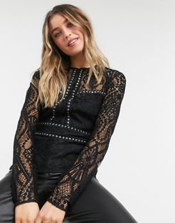 high neck lace top with studded detail in black