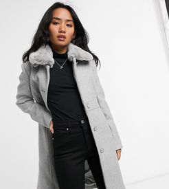 long coat with faux fur collar in gray-Grey