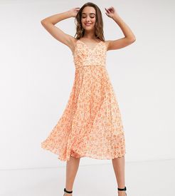 pleated midi dress in orange floral