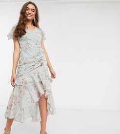 ruched midi dress in soft mint floral-Pink