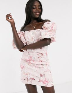 puff sleeve belted mini dress in pink floral-Multi
