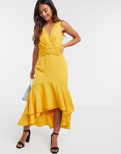tie back belted high low midi dress in mustard yellow