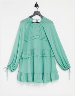 tiered lantern sleeve mini dress with frill detail in sage green