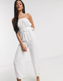 belted beach jumpsuit with wide leg in white