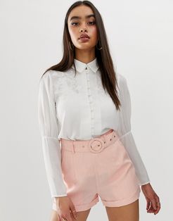 embroidered button front blouse with balloon sleeves-White