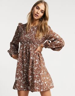 mini smock dress with shirring in vintage floral-Brown