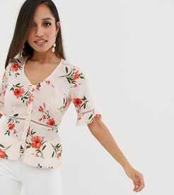 button front top with ladder detail in ditsy floral-Pink