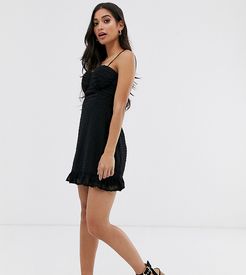 cami dress with corset detail and frill hem in dobby spot-Black