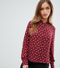 tie neck blouse in heart print-Red