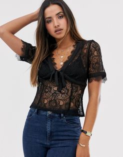 plunge front blouse with tie front in delicate lace-Black