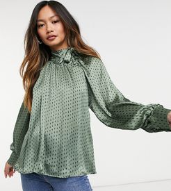 pussybow relaxed blouse with puff sleeves in diamond spot-Green