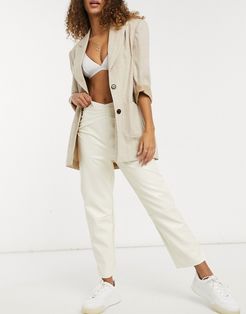 straight leg pants with waist seam detail in faux leather-White