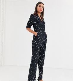 double button front jumpsuit with tie waist in allover ditsy floral-Black