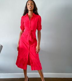 midi shirt dress with boderie sleeves-Red