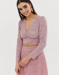 wrap front blouse in polka-Pink